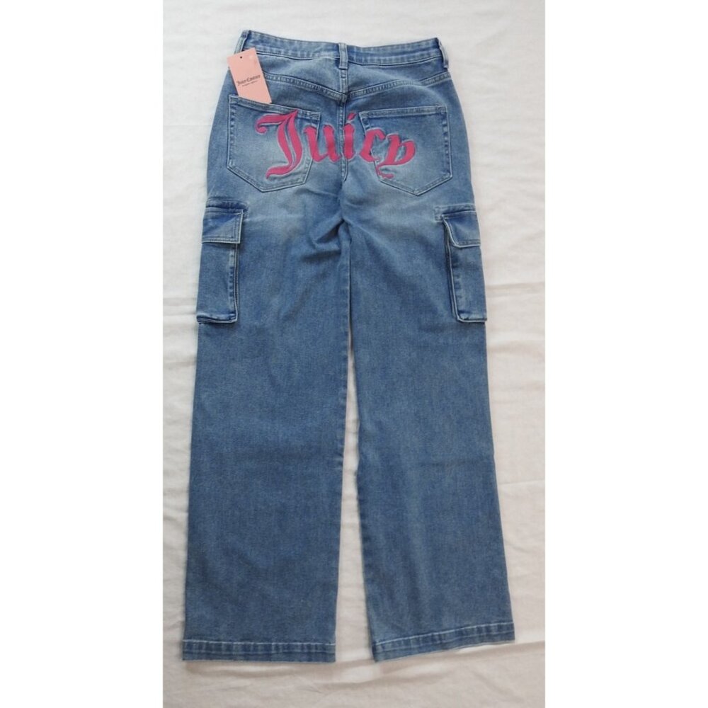 New Juicy Couture Embroided Jeans Mid Rise Flare Denim Sz 5 Y2K Pink Cargo Wide